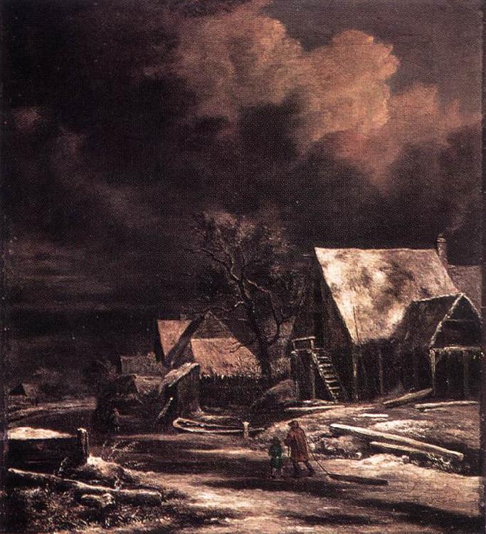 Jacob van Ruisdael Village at Winter at Moonlight oil painting picture